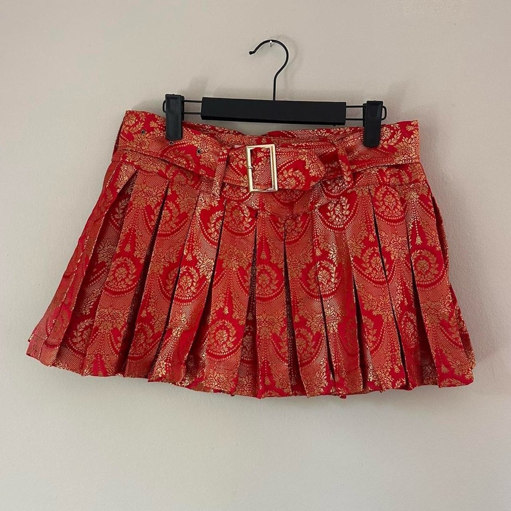Elegant Red Pleated Skirt with Gold Accents